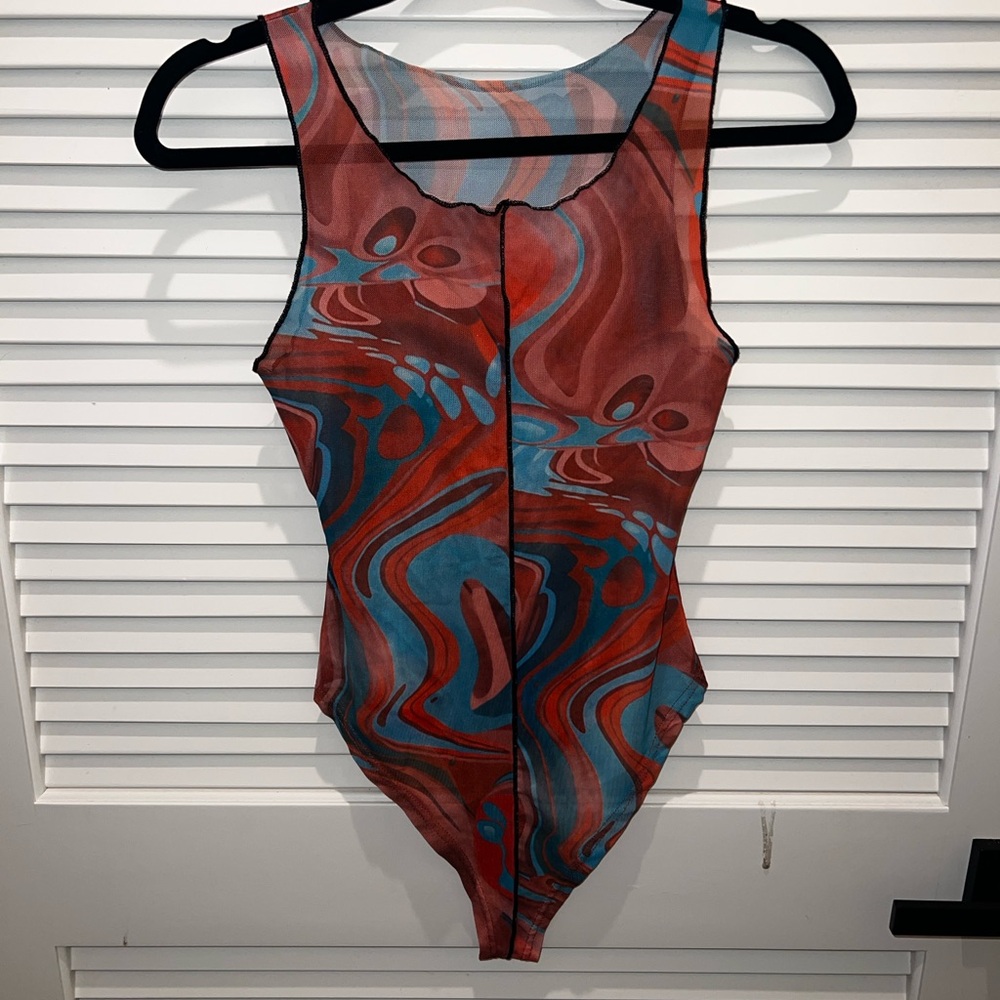 Turquoise and Orange See-through Swirl Pattern Bodysuit - Picture 10 of 11